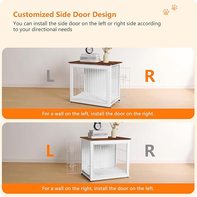 DWANTON Dog Crate Furniture with Cushion, Wooden Dog Crate with Double Doors, Dog Furniture, Dog Kennel Indoor for Small Dog,End Table, 27.2" L, White+Rustic Brown