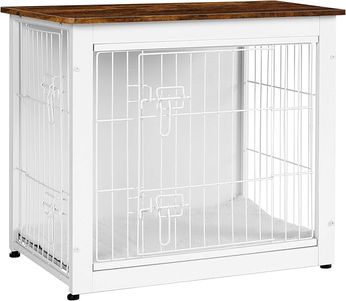 DWANTON Dog Crate Furniture with Cushion, Wooden Dog Crate with Double Doors, Dog Furniture, Dog Kennel Indoor for Small Dog,End Table, 27.2" L, White+Rustic Brown