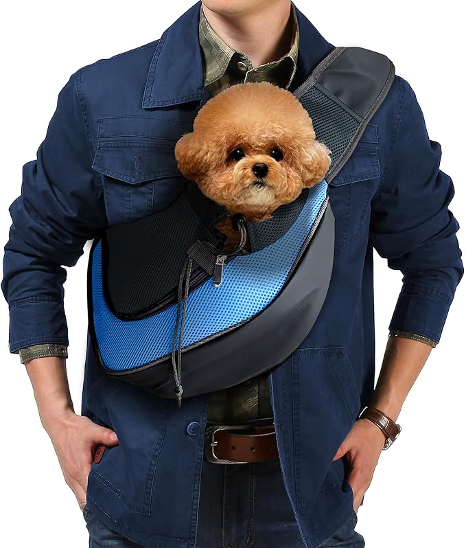 Pet Dog Sling Carrier, Up to 15lb, Breathable Mesh Adjustable Puppy Sling Carrier Hand Free for Small Dog Cat Rabbit, L, Sky Blue