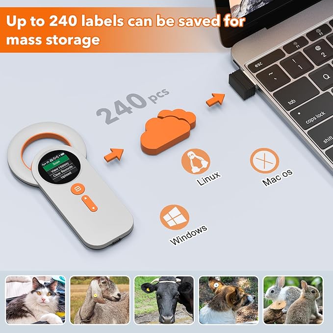Pet Microchip Scanner Rechargeable RFID EMID Micro Chip Reader Scanner (2.4GHz Wireless+Bluetooth+USB) All in one 1.44” TFT Screen Display ISO11784 / ISO11785 / FDX-B and EMID for Animal/Pet/Dog/Cat