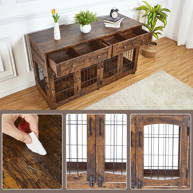 2 Rooms Dog Crate Furniture with Openable Partition,58" Wooden Dog Crate Table with 2 Drawers,5-Doors Dog Furniture,Indoor Dog Kennel,Dog House,Dog Cage,TV Stand (Brown)