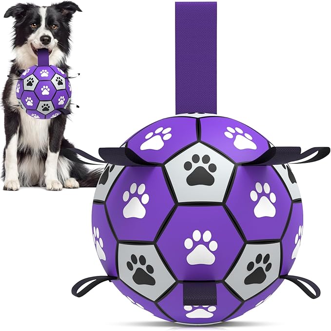 QDAN Dog Toys Soccer Ball with Straps - Dog Water Toy, Puppy Birthday Gifts, Durable Dog Balls for Small Medium Dogs (6 Inch)