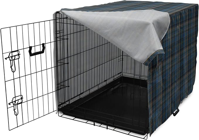 Lunarable Plaid Dog Crate Cover, Striped Geometric British Pattern Modern Design Elements in Patel Colors, Easy to Use Pet Kennel Cover for Medium Large Dogs, 36 Inch, Azure Blue and Marigold