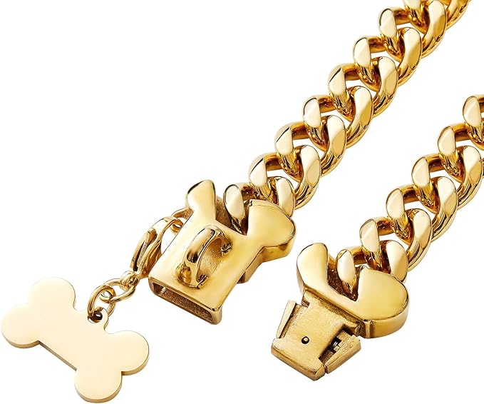 15mm Wide Strong Stainless Steel Bone Style Buckle Gold Dog Chain Collar,18K Gold Plated Cuban Link Chain Dog Necklace Collar for Small Medium Dogs - 16''