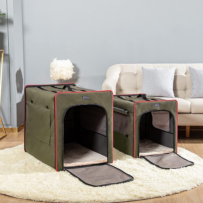 PETSFIT Portable Dog Crate, Collapsible Dog Crate - 24 Inch with Thicken Mat, Easy to Fold, Sturdy and Portable, Perfect for Traveling, Soft Dog Kennel Army Green