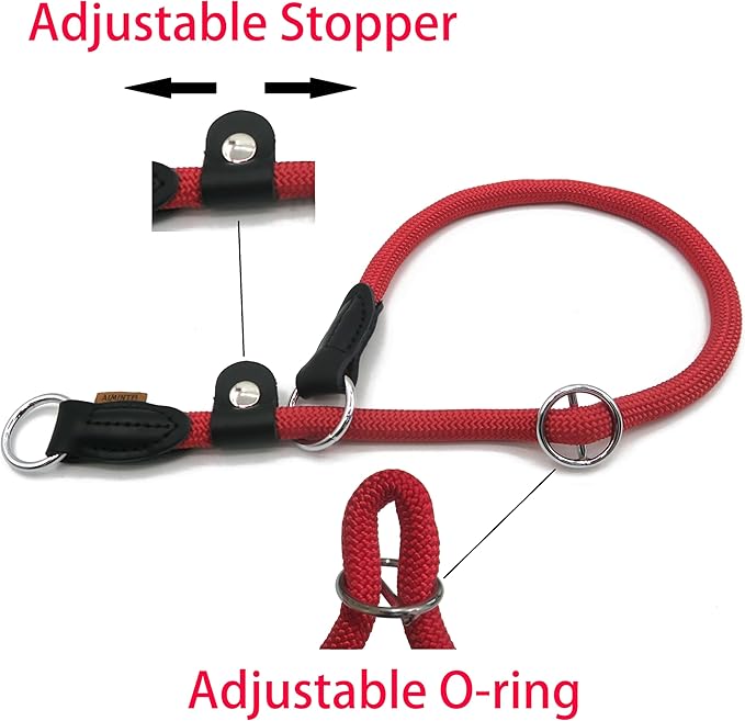 Braided Rope Collar, Training Dog Collar, Round Martingale Collar, Slip Collar with Adjustable Stopper and Slidable Stop Ring - Ideal for Large Dogs (L(1/2") - 20" Long, Red)