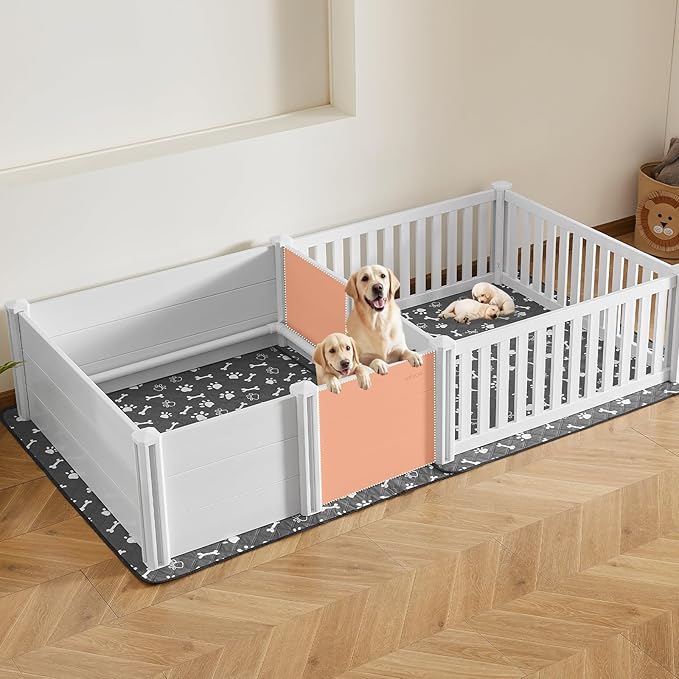VEVOR Dogs Whelping Box, 93.3x48.4x18.1 inch, Plastic PVC Puppies Playpen with Height Adjustable Door and Washable Pee Pad, 2-Room Layout Indoor Puppy Play Pen for Extra Large Breed Dogs, Milk White