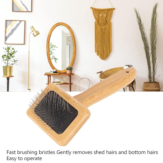 Macrame Slicker Comb with Hole Cushion Finely Polished Bamboo Cleaning Brush Sheepskin Wool Stainless Steel Pins Carding Rug Fur Brushes Long Prongs Pet (12x15.2x4.5cm /