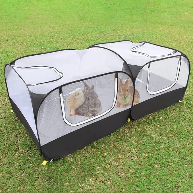 Small Animal Pet Playpen with Feeder Bowl and Storage Bag,Portable & Breathable Chicken Coop for Puppy Kitten Rabbits Indoor Outdoor(Black)