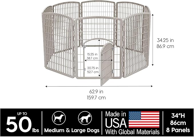 IRIS USA Dog Playpen, 8-Panel 34" Pet Playpen with Door, Puppy Playpen, Indoor/Outdoor Dog Pen, 63 x 63 x 34, Foldable, Customizable, Chrome
