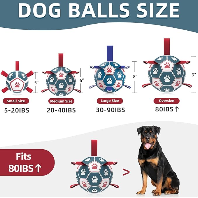 QDAN Dog Toys Extra Large Soccer Ball with Straps, Interactive Toys for Tug of War, Puppy Birthday Toy, Dog Water Toy, Dog Balls for Large Dog -Blue&Red (9 Inch)