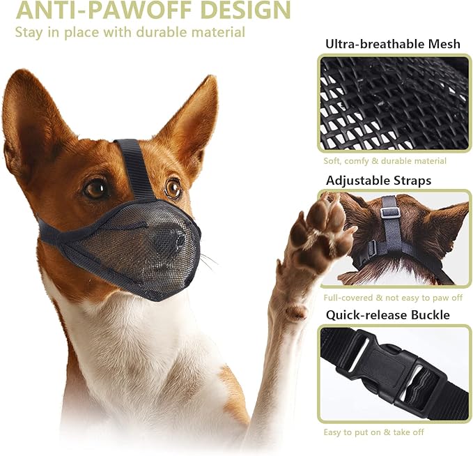 Whongkidz Dog Muzzle for Small Dogs Biting Grooming Vet Visiting, Air Mesh Soft Dog Mouth Guard, Full-Covered with Adjustable Strap Allow Drinking Breathable Basket Muzzle (Black, S)