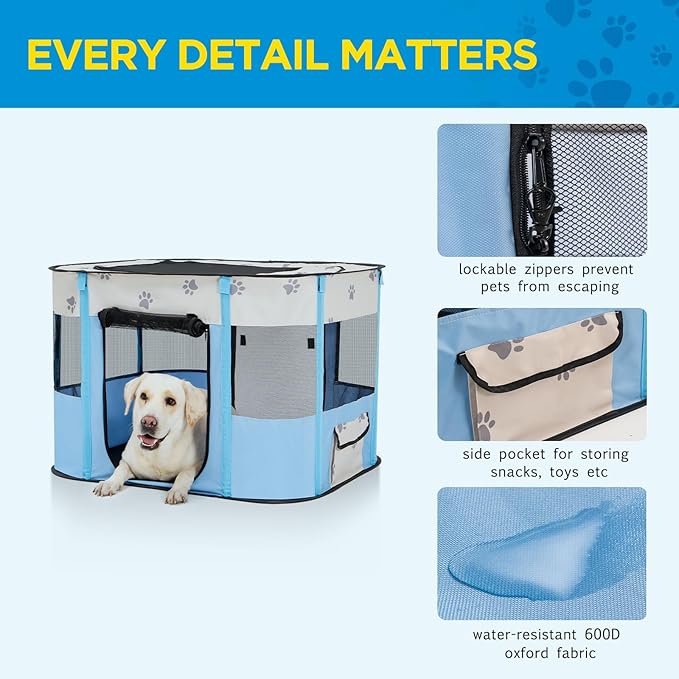 Avont Portable Dog Cat Playpen, Foldable Pop Up Pet Play Pen Travel Crate with Floor and Mesh Door Top for Indoor Outdoor Collapsible Tent Cage -L, Blue