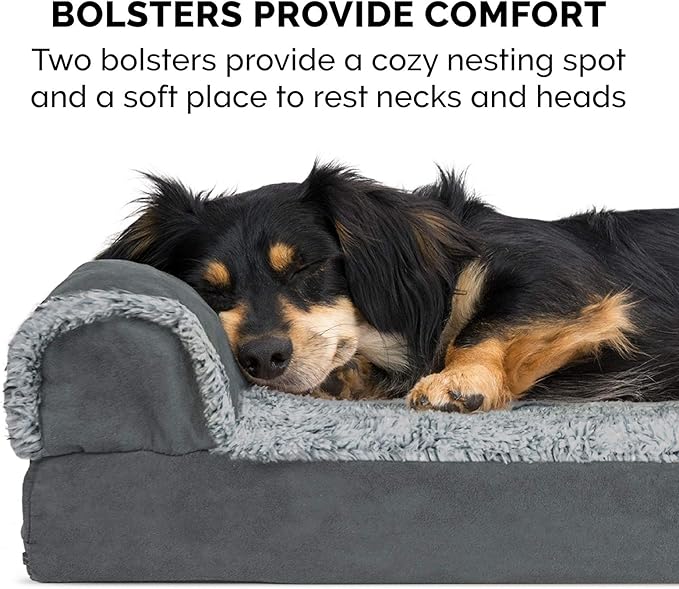 Furhaven Memory Foam Dog Bed for Large/Medium Dogs w/ Removable Bolsters & Washable Cover, For Dogs Up to 55 lbs - Two-Tone Plush Faux Fur & Suede L Shaped Chaise - Stone Gray, Large