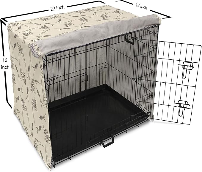 Ambesonne Boho Dog Crate Cover, Botanical Themed Delicate Pastel Pattern with Natural Field Herbs Print, Easy to Use Pet Kennel Cover for Small Dogs Puppies Kittens, 22 Inch, Cream Charcoal