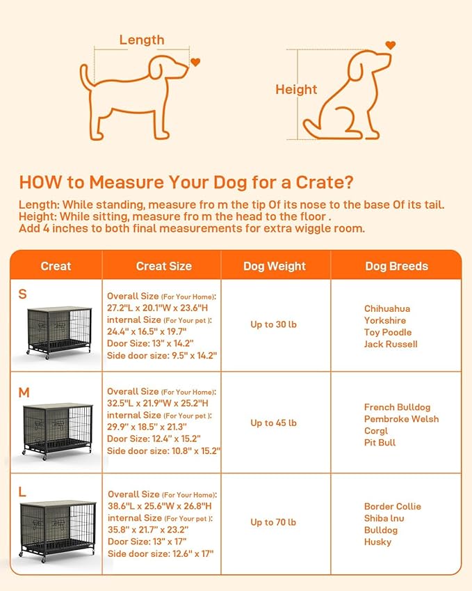 Dog Crate Furniture, 32.5" Wooden Dog Kennel Indoor, Double Doors Dog Cage with Removable Tray, Wheels, Large Dog Crate End Table for Medium/Large Dogs, Grey