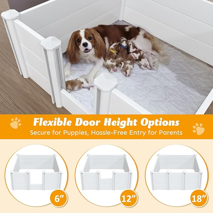 Whelping Box for Dogs, PVC Waterproof & Rustproof Puppy Playpen with Adjustable Height Door, Puppy Whelping Supplies & Raised Garden Bed, Easy Assembly, Indoor/Outdoor Use, 48x48x18in