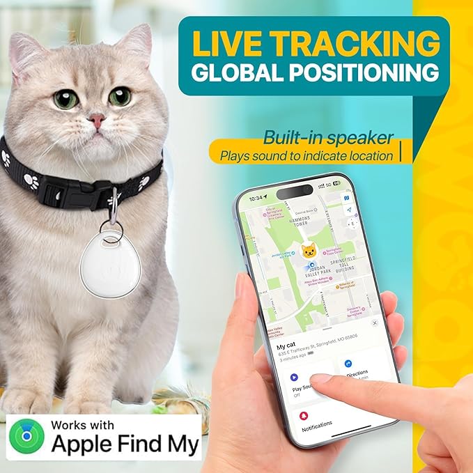 Dog Tracker-Cat Collar | MFi Certificated | No Monthly Fee | No Charging Required | Waterproof | Works with Any Collar