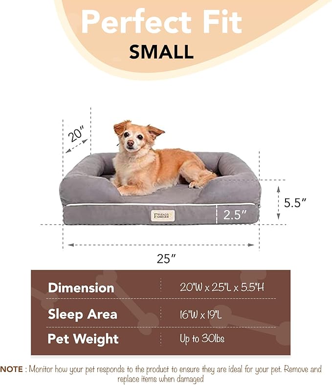 Friends Forever Small Dog Bed, Orthopedic Dog Sofa Memory Foam Mattress, Calming Dog Couch Bed, Wall Rim Pillow, Water Resistant Liner, Washable Cover, Non-Slip Bottom, Chester, Small Cocoa Brown