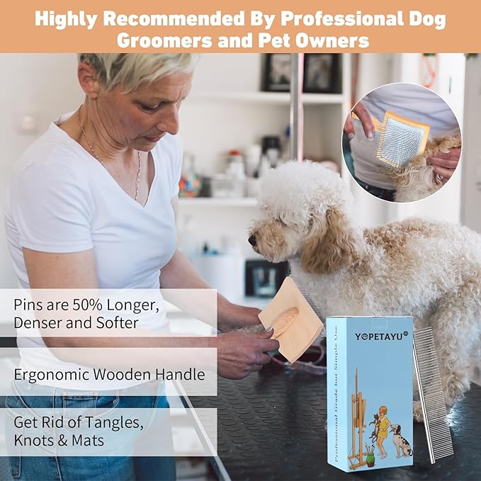 Dog Slicker Brush for Shedding and Grooming Medium or Long Haired Cats, Extra Long & Soft Pin Slicker Brush for Removes Loose Hair, Tangles, Knots, Undercoat, Free Pet Comb, Large, Clear