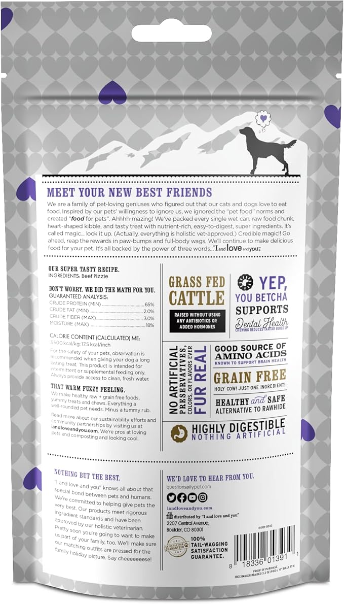 I AND LOVE AND YOU Free Ranger Braided Bully Stix - Beef - Rawhide Alternative, Single Ingredient, Free Range Grass Fed Beef, 6in, 3ct