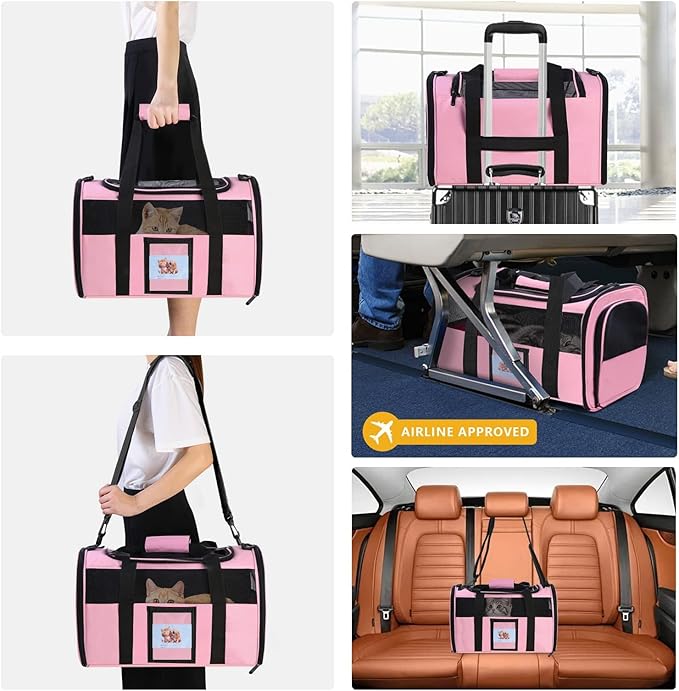 Cat Carrier Soft Side Dog Carrier for Cat Puppy, Collapsible Travel Pet Carrier, TSA Airline Approved Cat Carrier for Kitten Dogs15 lbs,Pink