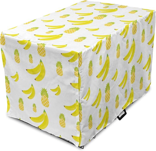Lunarable Yellow Pineapple Dog Crate Cover, Continuous Ananas and Banana Tropical Fruits Print, Easy to Use Pet Kennel Cover for Medium Large Dogs, 42 Inch, Yellow Green Yellow