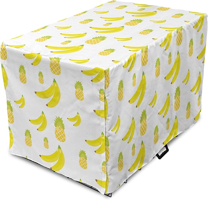 Lunarable Yellow Pineapple Dog Crate Cover, Continuous Ananas and Banana Tropical Fruits Print, Easy to Use Pet Kennel Cover for Small Dogs Puppies Kittens, 18 Inch, Yellow Green Yellow