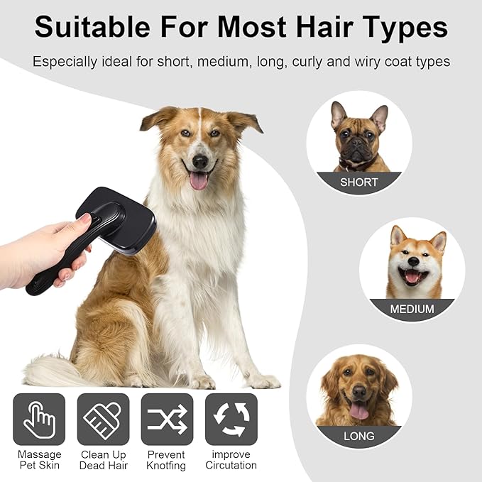 Pet Self Cleaning Slicker Brush for Grooming & Shedding Small Medium Large Dog Cat - Remove Loose Fur, Knot, Undercoat. Suitable for Long Short Hair Lengths sensitive Animals, Black