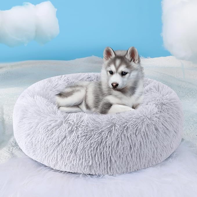HYQ Small Dog Bed, Pet Beds for Small Dogs, Cat Beds for Indoor Cats, Fluffy Faux Fur Plush Small Dog Bed, Washable Puppy Bed with Anti-Slip Bottom, Dog Bed Small Size Dog (Light Gray, 24 Inch)