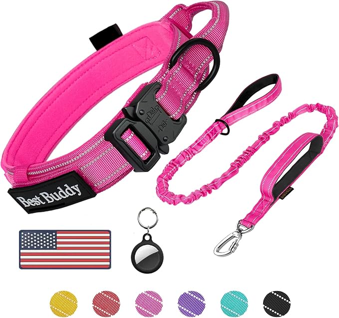 AUBELL Tactical Dog Collar and Leash Set, Adjustable Military Nylon Reflective Dog Leash and Collar with Handle and Heavy Metal Buckle for Medium Large Dogs, with Airtag Holder and 2 Patches(Pink, L)
