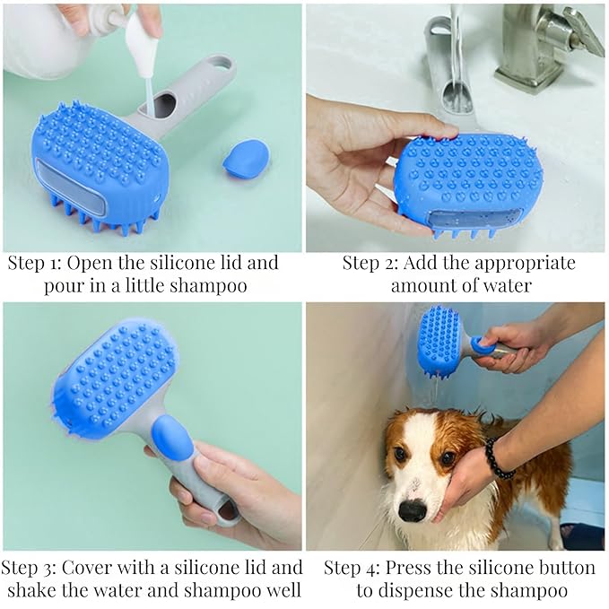 QMEAKMONY Dog Bath Brush Shampoo Brush Scrubber for Bath with Soap Dispenser Soft Bristles Deep Cleaning Ergonomic Handle for Grooming Shedding and Long Short Haired Dogs (Blue)