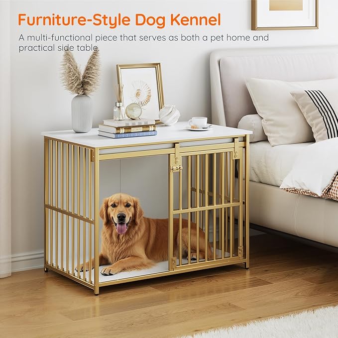 HOOBRO Dog Crate Furniture, 36.6" Heavy Duty Dog Kennel with Sliding Barn Door, Decorative Dog Crate Indoor, End Side Table for Small/Medium Dog, White and Gold DW162GW03G1
