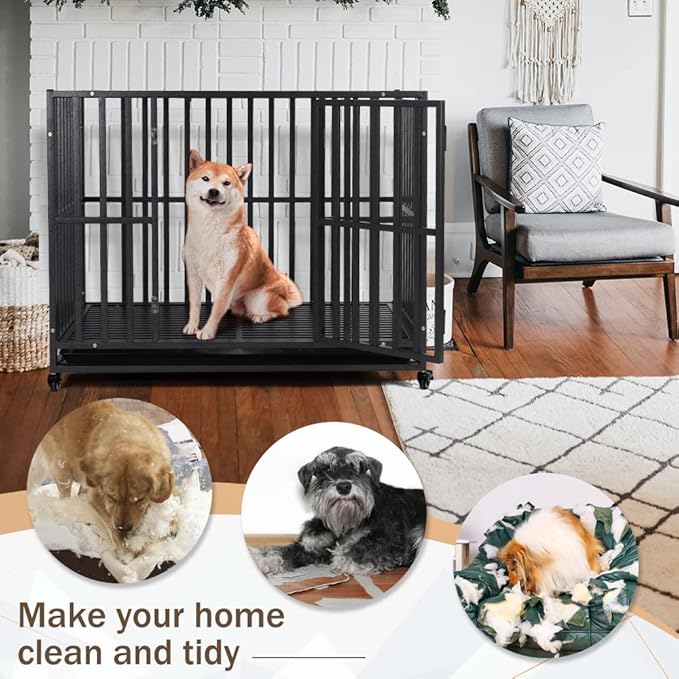 LUCKUP Heavy Duty Dog Crate-38 inch Large Metal Dog Cage with 2 Doors and 4 Wheels, Stackable Dog Kennel for Large & Medium Dogs, Removable Tray