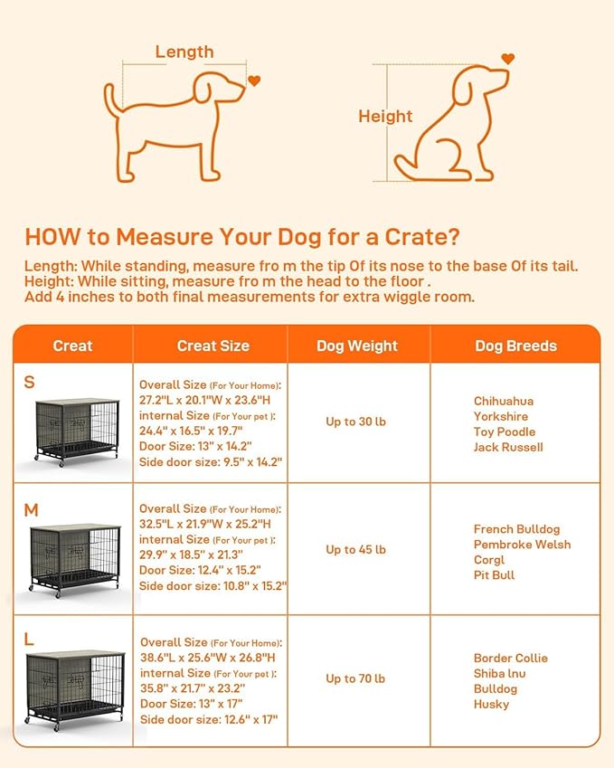 Dog Crate Furniture, Large Dog Kennel with Dual Doors, Removable Tray & 360° Wheels, Indoor Homefor Medium Dogs (Grey & Black, Medium)