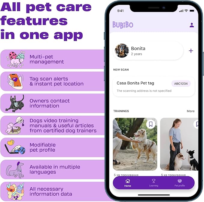 Premium QR Code Dog Tag - Smart Pet ID Tags for Dogs - Scan Dog ID Tag for Instant Location Alert & Modifiable Pet Profile - Dog Tags Personalized for Pets with Dog Training App (Purple)