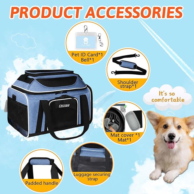 Petskd Top-Expandable Pet Carrier 17x11x9.5 Inches Alaska Airline Approved, Soft-Sided Carrier for Small Cats and Dogs with Locking Safety Zippers and Anti-Scratch Mesh(Blue)