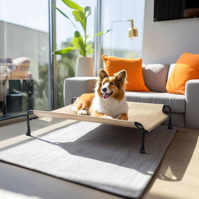Veehoo Elevated Dog Bed, Cooling Raised Dog Bed with Guardrail & Headrest, Upgraded Non-Slip Silicon Feet, Breathable Teslin Mesh, Portable Pet Cot for Indoor and Outdoor, Medium, Beige Coffee CWC2404