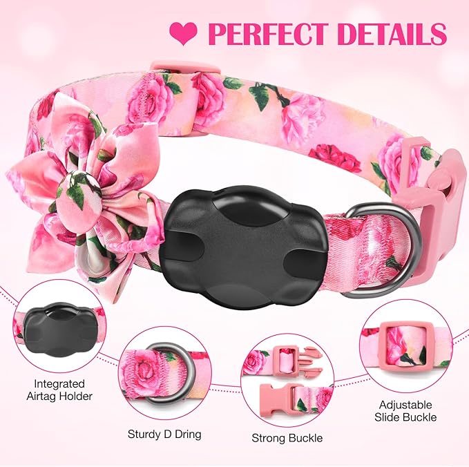 Airtag Dog Collar for Small Dogs, Rose-Pink Dog Collars Girl with AirTag Holder Waterproof Airtag Case, Including Flower Spring Dog Collar Bowtie, for All Female Dogs 