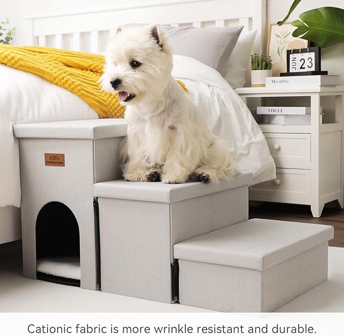 Dog Stairs with Condo 17.5" H, 3-Step Wider Dog Steps for High Beds Couch, Folding Storage Pet Stairs Gift for Small/Medium/Large Dogs Cats, Dog Ramp for Climbing Car Hold Up to 200 lbs, Beige Gray