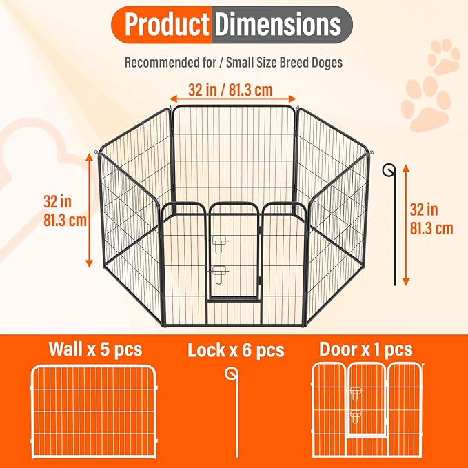 FDW Dog Playpen Dog Pen Dog Kennel 6 Panels 32 Inch Height Indoor Outdoor Folding Metal Portable Puppy Exercise Pen Heavy Duty Dog Fence for Yard Camping,Black