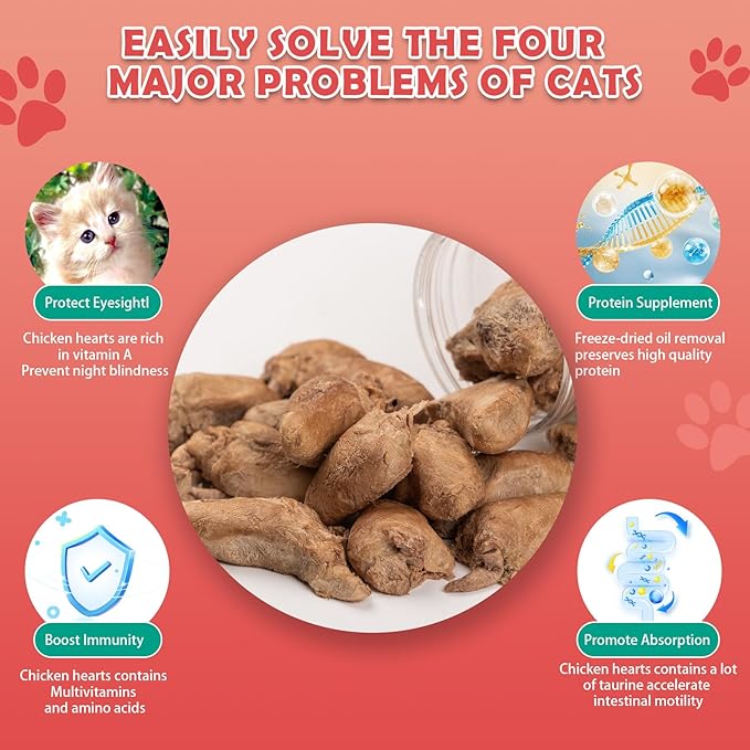 Chicken Hearts Dog Treats - Freeze Dried Chicken Heart Cat Treats Single Ingredient All Natural High Protein Pet Treats(3.5OZ)
