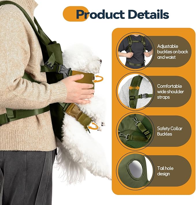 YUDODO Dog Backpack Carrier with Adjustable Safety Buckle Easy-fit Pet Dog Front Carrier for Small Medium Dog Legs Out Dog Chest Carrier for Traveling Walking Cycling (Small, Army Green)