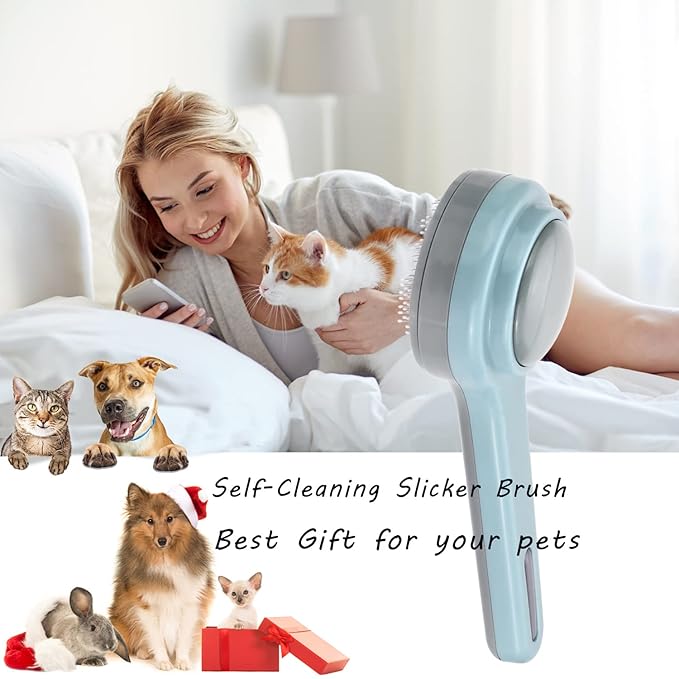 itPlus Pet Grooming Self-Cleaning Hair Brush for Dogs & Cats, Indoor Cats Slicker Brush, Short & Long Hair, Shedding & Undercoat Removal Tool for Kittens & Cats, Blue