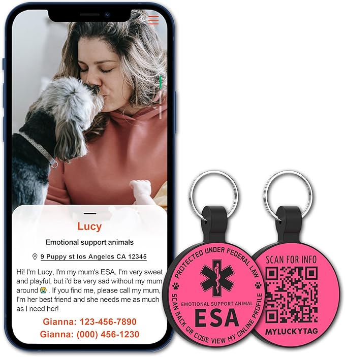 MYLUCKYTAG QR Code ESA Emotional Support Dog ID Tag - Pet Online Profile - Scan QR Receive Instant Pet Location Alert Email