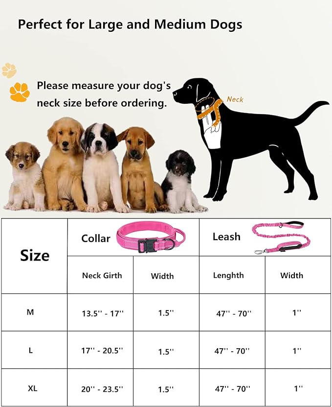 AUBELL Tactical Dog Collar and Leash Set, Adjustable Military Nylon Reflective Dog Leash and Collar with Handle and Heavy Metal Buckle for Medium Large Dogs, with Airtag Holder and 2 Patches(Pink, M)