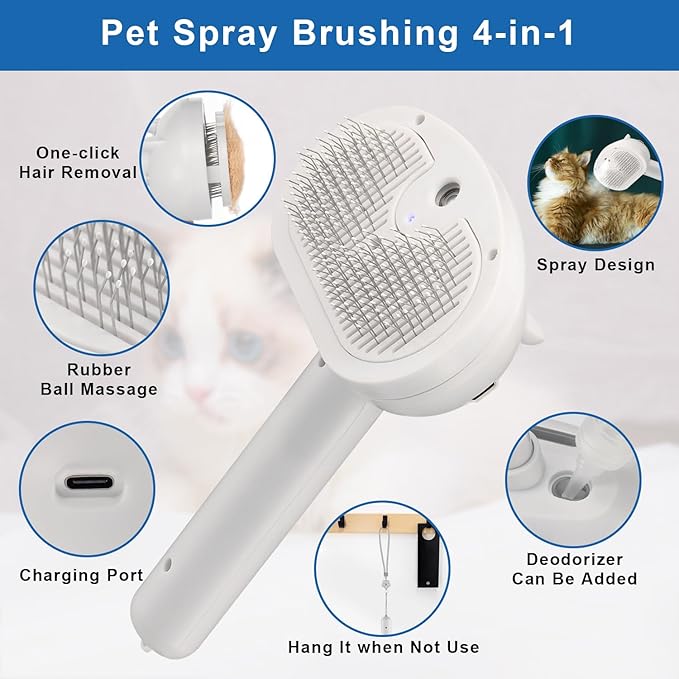 Pet Steam Hair Comb Brush for Shedding, 4 In 1 Spray Brush for Long & Short Haired Cat&Dog, Self-Cleaning Hair Remover with Water Tank And LED Blue Light, Release Button (White)