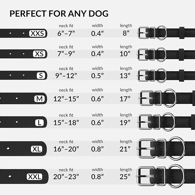 CollarDirect Rolled Leather Dog Collar, Soft Padded Round Puppy Collar, Handmade Genuine Leather Collar Dog Small Large Cat Collars 13 Colors (8-11 Inch, Black Textured)