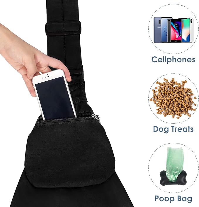 Lukovee Pet Sling, Hand Free Dog Sling Carrier Adjustable Padded Strap Tote Bag Breathable Cotton Shoulder Bag Front Pocket Safety Belt Carrying Small Dog Cat Puppy Machine Washable (Black, L)
