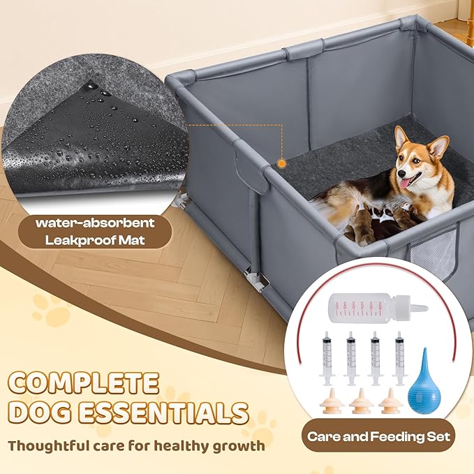 Whelping Box for Dogs and Puppies 47"x47"x24" - Tear-Resistant Oxford Fabric Dog Playpen with Suction Cups & 5-Piece Puppy Care Kit for Medium/Large Breed Dogs